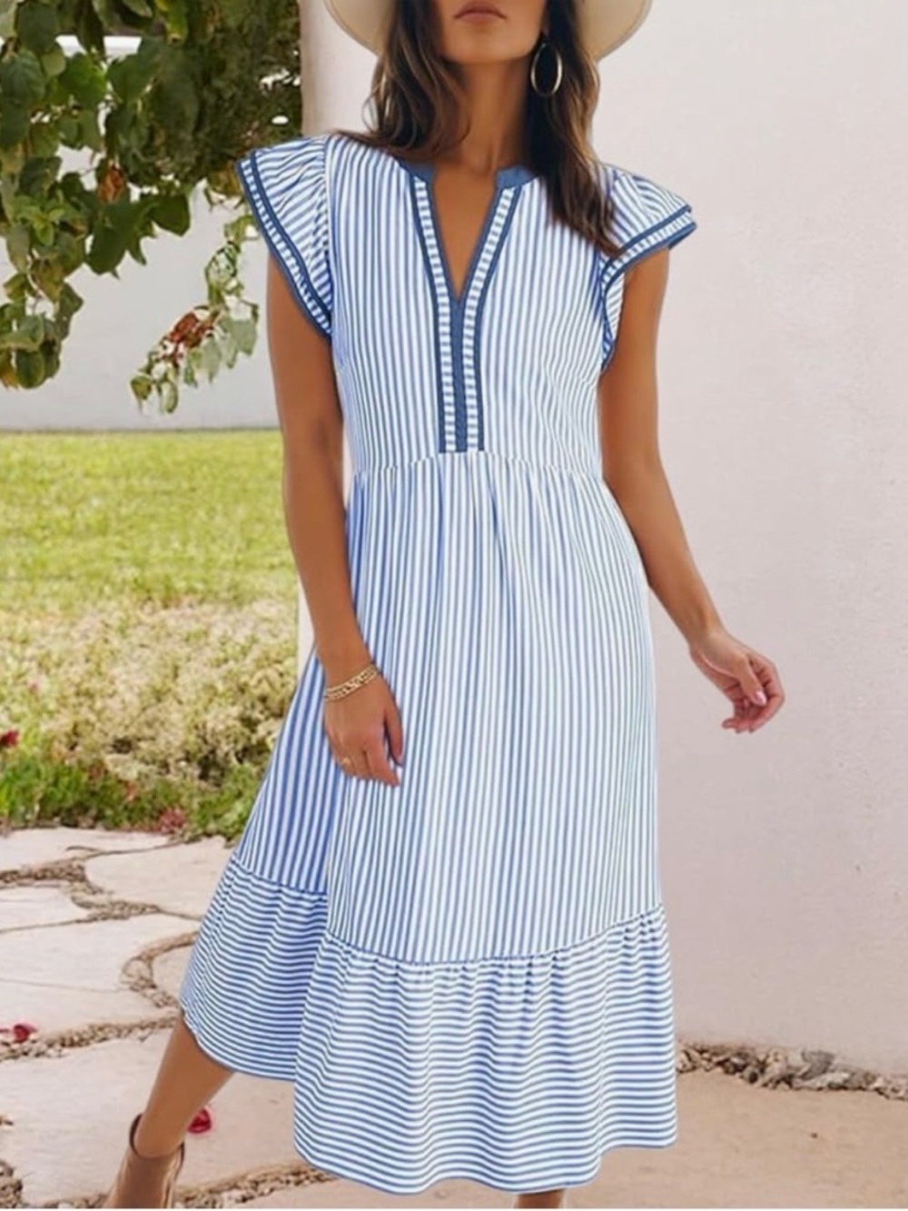 Blue Striped V-Neck Midi Dress - Size L